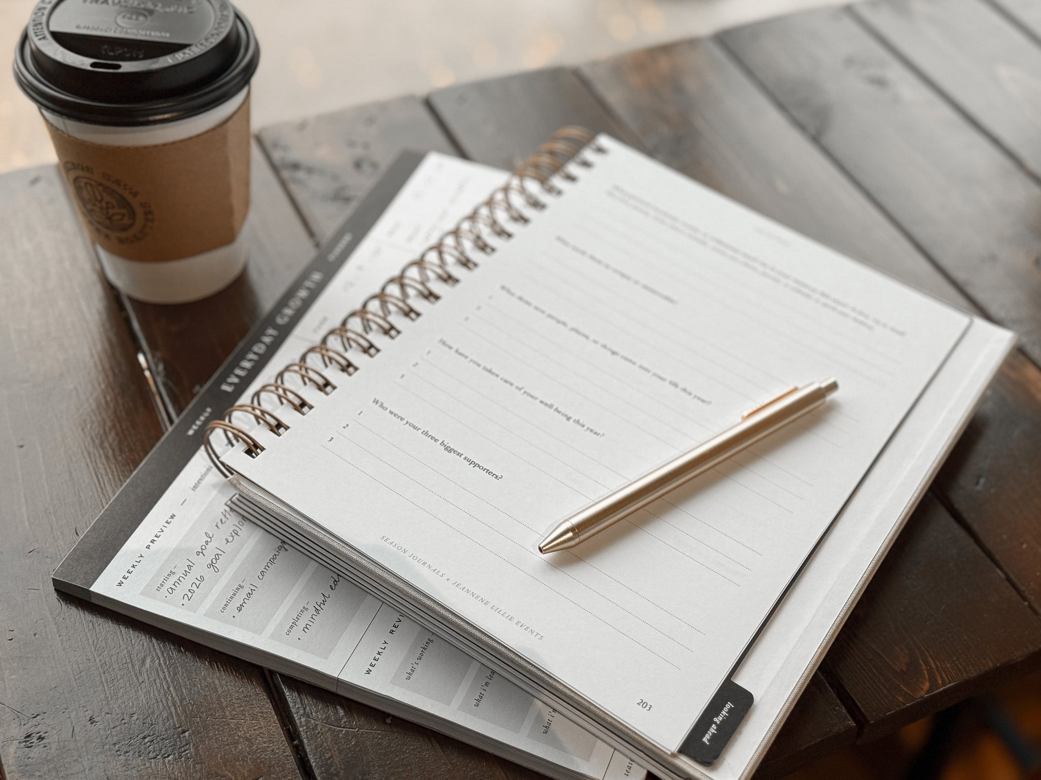 Notepad and planner at a coffee shop