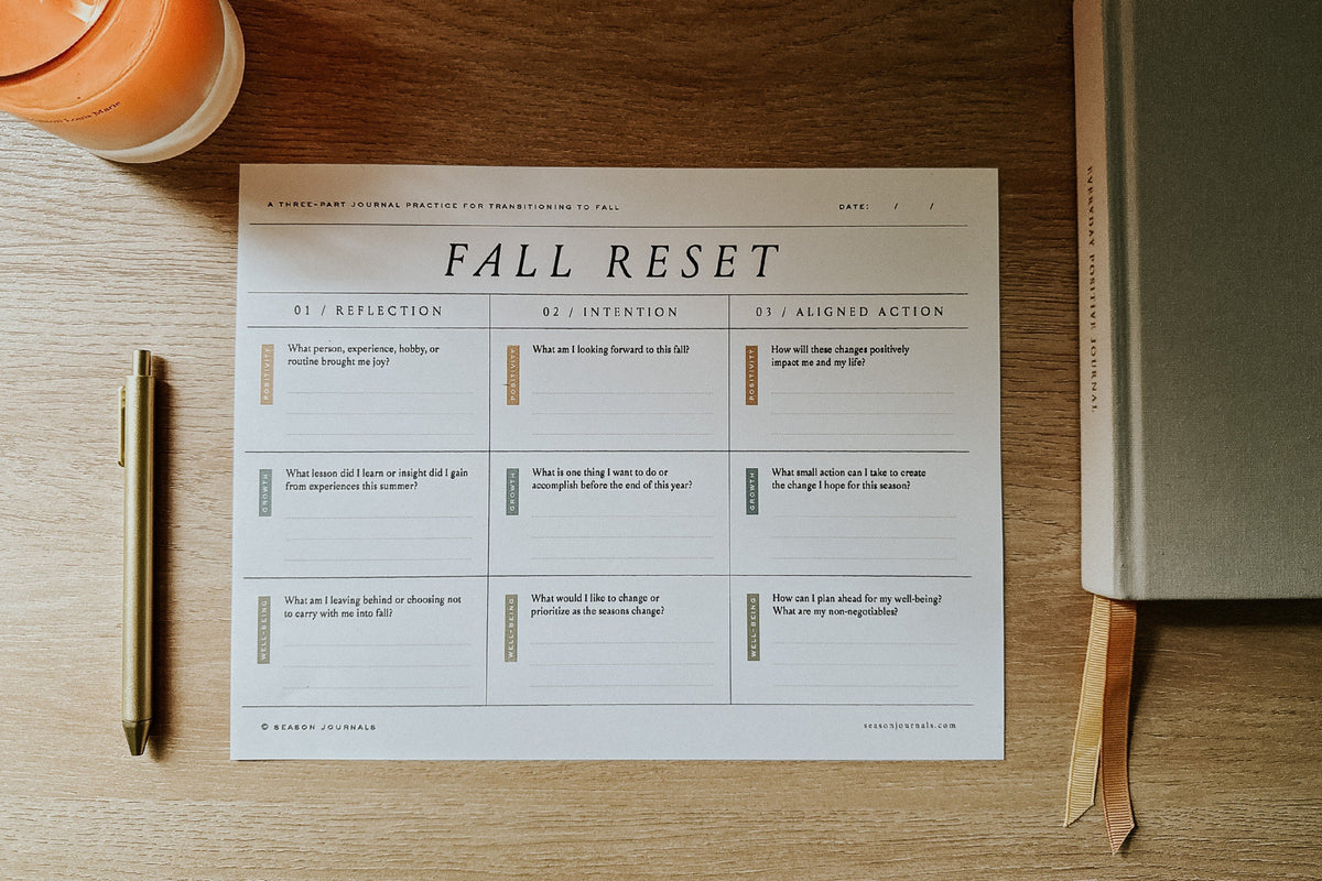 Fall Reset printable on desk with journal and candle
