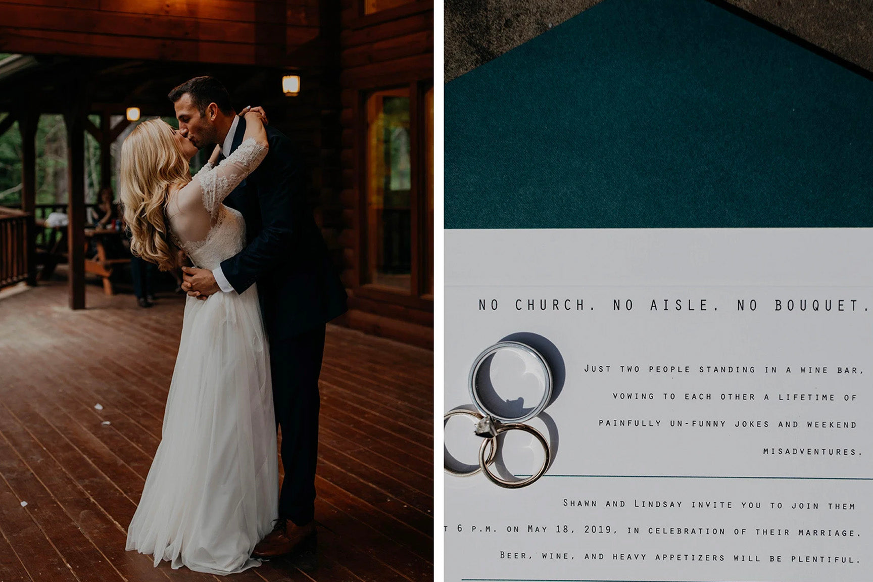 Wedding photography by Grace E. Jones Photography. Couple kissing at an outdoor wedding venue. Wedding invitation with rings.