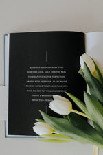 Load image into Gallery viewer, Engagement Journal open to inside page with white tulips in foreground

